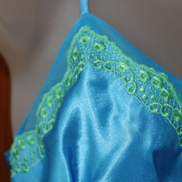 Morgan Taylor Blue Lime Green Satin Pajama Short Set Vintage 90s Medium - Picture 8 of 12